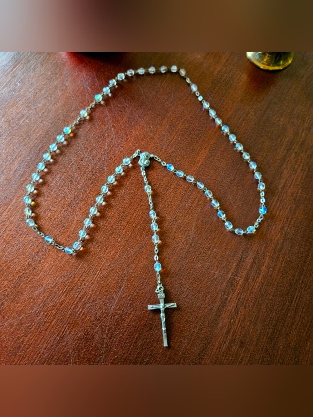 Irredescent Clear Beaded Rosary Catholic Prayer Meditation Men Women Children